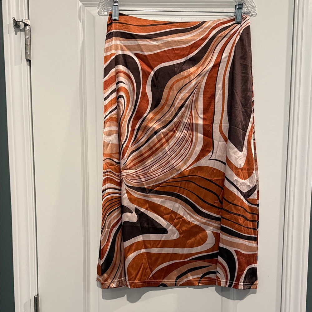 Elegant Swirl Midi Skirt in Brown and Orange